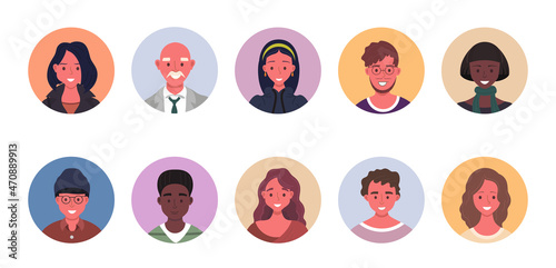 People avatar bundle set. User portraits in circles. Different human face icons. Male and female characters. Smiling men and women characters. Flat cartoon style illustration