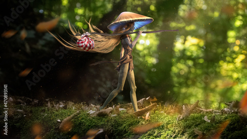 A charming young dryad girl with a mushroom head carelessly travels through a green forest with a small bag on a stick, she has long blonde hair, her heels walk on green moss. 3d