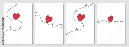 Set of posters with heart. Continuous one line drawing of red heart on white background. Thin line of love icon. EPS10 vector illustration.