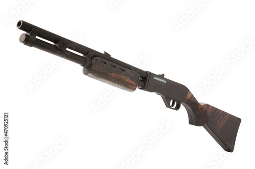 Wooden toy semi-automatic shotgun isolated on white background