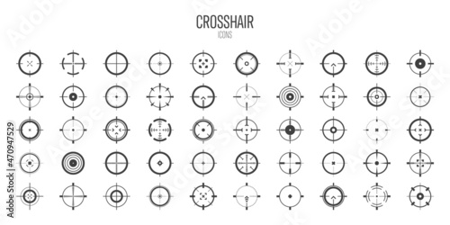 Crosshair, gun sight vector icons. Bullseye, black target or aim symbol. Military rifle scope, shooting mark sign. Targeting, aiming for a shot. Archery, hunting and sports shooting. Game UI element.