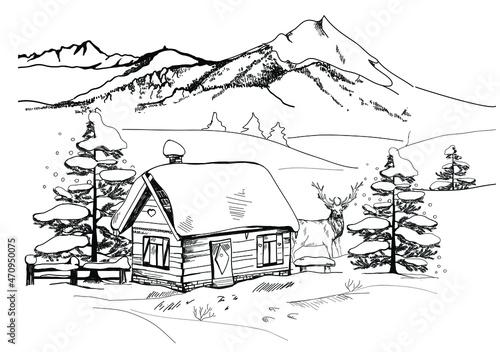 Hand drawn vector landscape with winter mountains, trees in the mountains. house, christmas, winter, house, snow, trees, illustration,