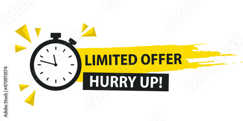 Modern Yellow Banner Limited Offer, Hurry Up Tag With Stop Watch. Vector Web Element.