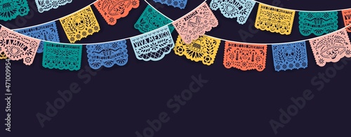 Dia de los Muertos background, means Day of Dead and Death in Mexico. Banner design with Mexican ornament, papel picado, perforated laces with skulls and bones. Colored flat vector illustration