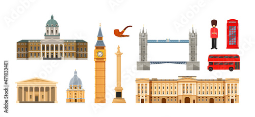 England British UK traditional set. Great Britain ethnic cultural elements Big Ben, Trafalgar square