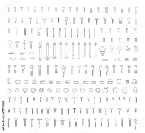 Collection of perfectly linear icons of fasteners and screws.