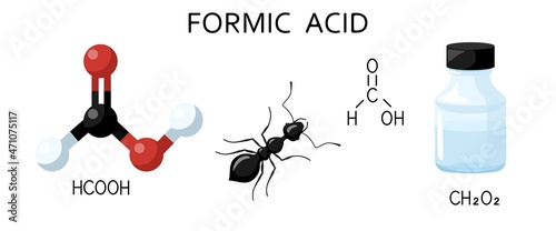 Set of Formic acid solution in blue bottle isolated on white background. Structural chemical formula and molecule model, ant, bottle.