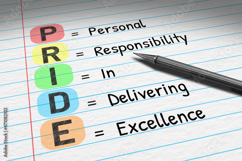 PRIDE - Personal Responsibility In Delivering Excellence. Business acronym on note pad. 3D Illustration.