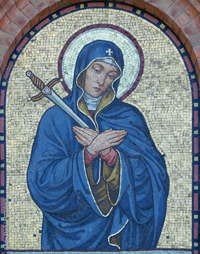 VIENNA, AUSTIRA - JULI 5, 2021: The mosaic of Mary of Sorrow on the facade of St. Anthony church from begin of 20. cent..