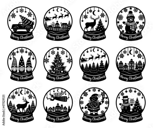 Snow globe vector set. Paper cut template. Merry Christmas phrase. Snowman, tree, angel, truck, deers, gnomes, Santa. For postcard, window and wall decorations. Illustrations isolated on white.