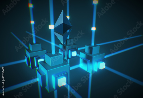 Ethereum blockchain network in 3d, bottom view