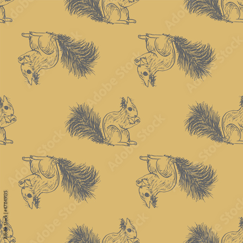 Vector Beige transparent Squirrels Ink seamless background pattern
