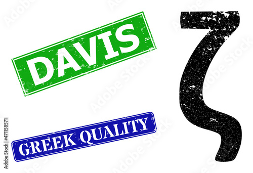 Grunge Zeta Greek lowercase symbol icon and rectangle scratched Davis seal. Vector green Davis and blue Greek Quality seals with grunge rubber texture,