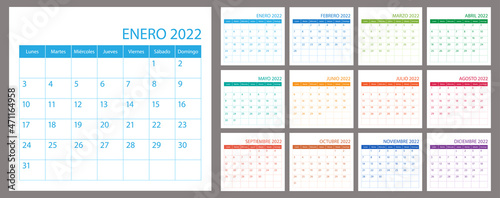 Spanish calendar planner 2022, vector schedule month calender, organizer template. Business personal page. Modern simple illustration