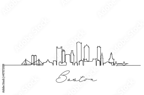 Single line drawing Boston city skyline, United States. Historical town landscape in world. Best holiday destination wall decor art. Editable trendy continuous line draw design vector illustration