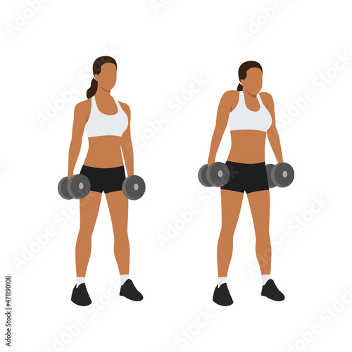 Woman doing Dumbbell shrugs exercise. Flat vector illustration isolated on white background