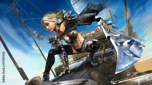 An incredibly beautiful girl in a half-crouch on the hood of a huge truck is preparing to jump with her homemade halberd, she has blonde long-haired green eyes, a sexy tanned body . 3d rendering