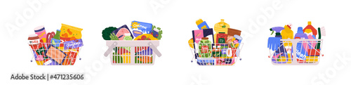 Foodstuff from different supermarket sections like cleaning products, fruits and vegetables, canned goods, snacks and beverages. Shopping basket full of groceries vector illustration. 