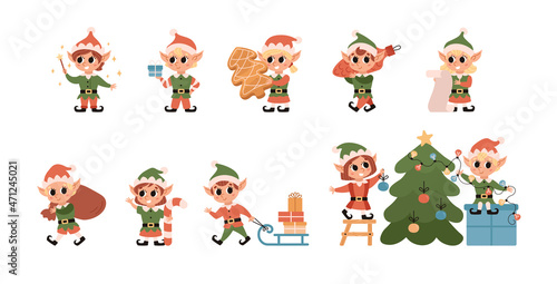 Christmas elves collection. Santa Claus helper. Set of cute character with gifts and christmas tree. Festive elf isolated on white background.