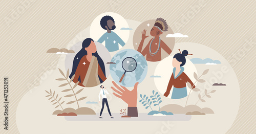 Cultural anthropology as various ethnic group research tiny person concept. Explore multiracial and multiethnic society and community people for scientific diversity behavior study vector illustration