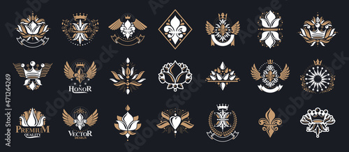 De Lis vintage heraldic emblems vector big set, antique heraldry symbolic badges and awards collection with lily flower symbol, classic style design elements, family emblems.