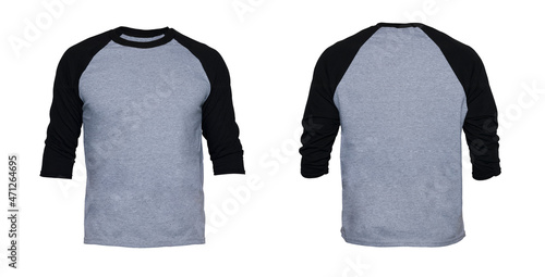 Blank sleeve Raglan t-shirt mock up templates color gray/black front and back view on white background 