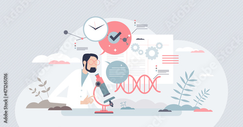 Scientific research with biochemistry test or examination tiny person concept. Professional work process with microscope and DNA gene examples vector illustration. Biological innovation breakthrough.