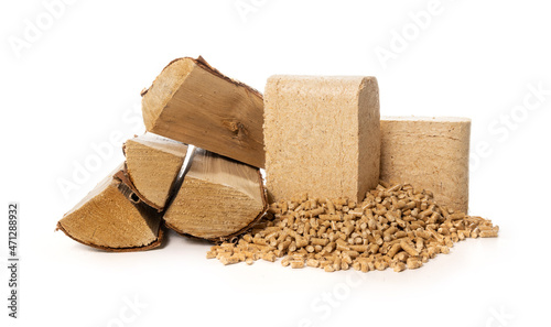 biomass heating - wood pellets, briquettes and firewood on white background