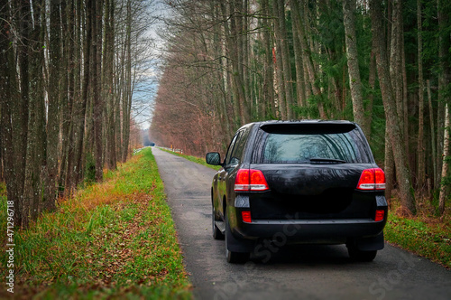 Belarus, Belovezhskaya Pushcha, November 05, 2021 - a Toyota Land Cruiser jeep rides along the road in the autumn forest, rear view.