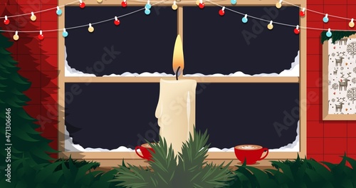 Twig in front of burning candle with cups on window sill below string bulbs decoration