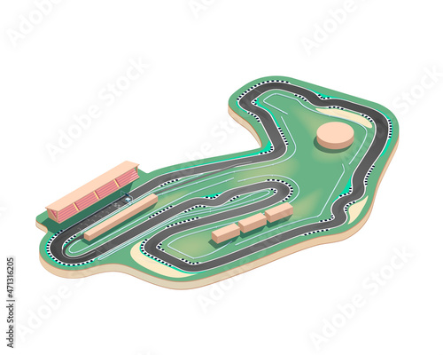 The vector illustration of an isometric racing track is isolated on a white background. There are grandstands, boxes, pit lane, and other elements.