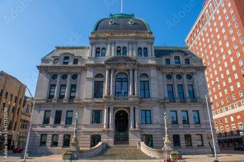 Providence City Hall was built in 1878 with Second Empire Baroque style at Kennedy Plaza at 25 Dorrance Street in downtown Providence, Rhode Island RI, USA.