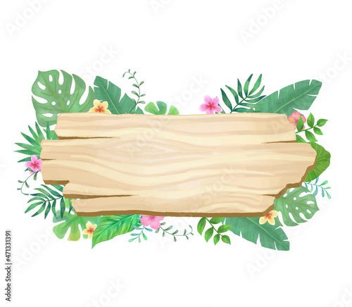 wooden signboard with green leaves. watercolor illustration. vector design.