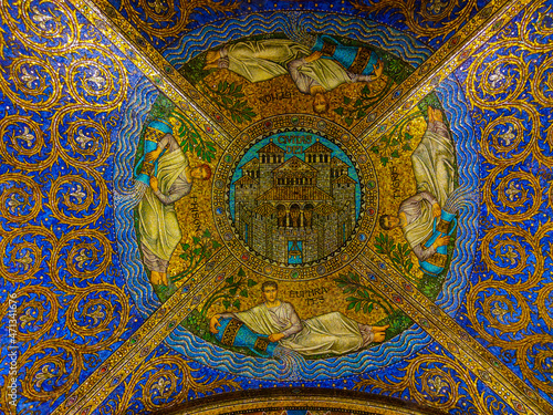 AACHEN, GERMANY, November 11th 2021. Beautiful and Colorful Ceiling mosaic at the Charlemagne Palatine Chapel at Aachener Dom cathedral church. 