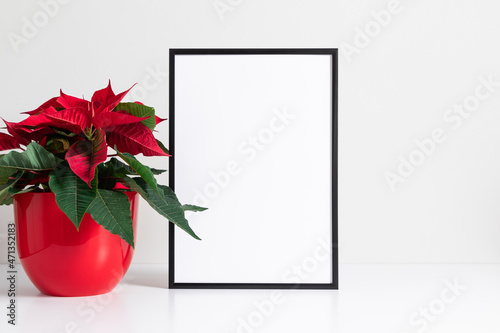 Blank photo frame mockup on white table and red poinsettia plant in pot