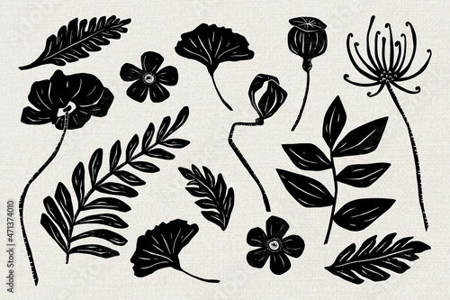 Black flowers psd linocut hand drawn floral collection