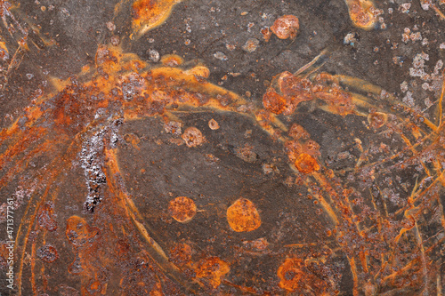 Texture of a rusty cast iron surface with streaks of rust