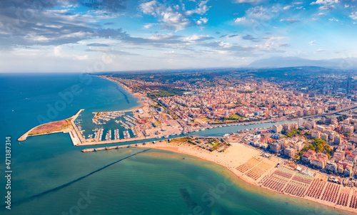 Aerial landscape photography. Colorful summer view from flying drone Pescara port. Beautiful morning seascape of Adriatic sea. Incredible outdoor scene of Italy, Europe.
