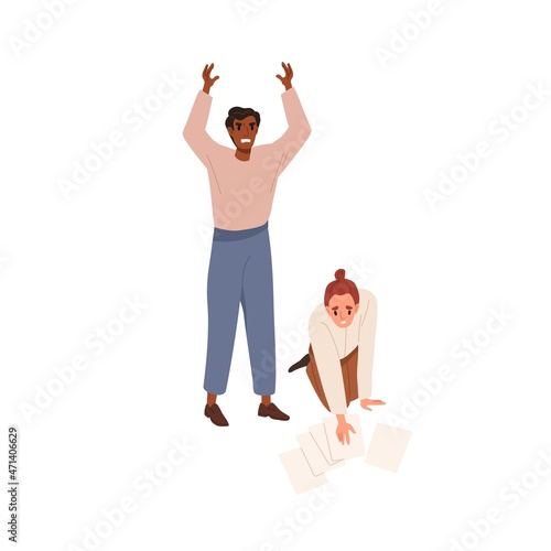 Unhappy employees with work problems and difficulties. Annoyed office worker screaming, upset stressed clumsy woman collecting fallen documents. Flat vector illustration isolated on white background