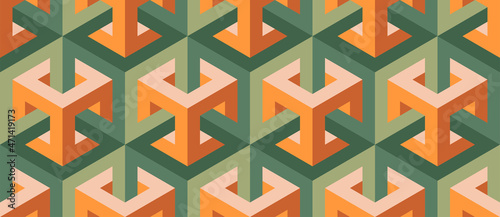 Seamless vector 3D pattern with optical illusions. Cubes. Op Art. Modern background for wrapping, cards, fabric, design interior, packing. Psychedelic geometric design. Orange. Wallpapers. 3D Tiles. 