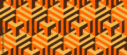 Seamless vector 3D pattern with optical illusions. Cubes. Op Art. Modern background for wrapping, cards, fabric, design interior, packing. Psychedelic geometric design. Orange. Wallpapers. 3D Tiles. 