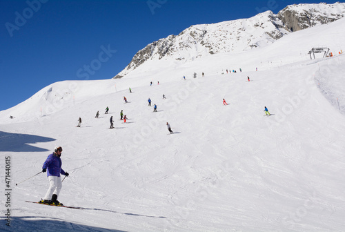 skiers on ski slopes, Fiescheralp - car free ski resort, accessble by cable car from Fiesch, UNESCO World Heritage site, Jungfrau-Aletsch Protected Area, Valais, Wallis, Switzerland, Europe