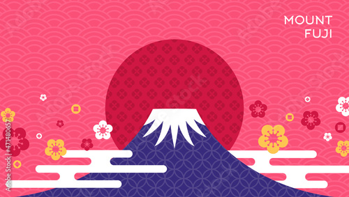 Mount Fuji at sunset. Japanese greeting card or banner with geometric pattern. Happy New Year 2022. Clouds and Flowers in Modern flat style.