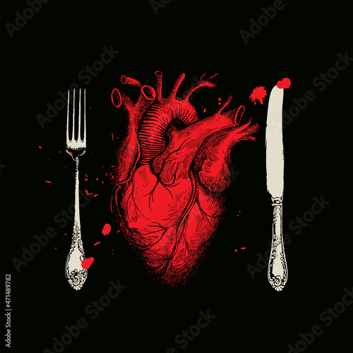 Vector banner with a red human heart, drops of blood, a fork and a knife on a black background. Abstract banner with a detailed drawing of a human internal organ. Dinner of a maniac cannibal