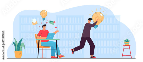 Thief or pirate stealing creative idea from man in library. Infringement of copyright, content theft flat vector illustration. Copyright, content piracy, plagiarism concept for banner, website design