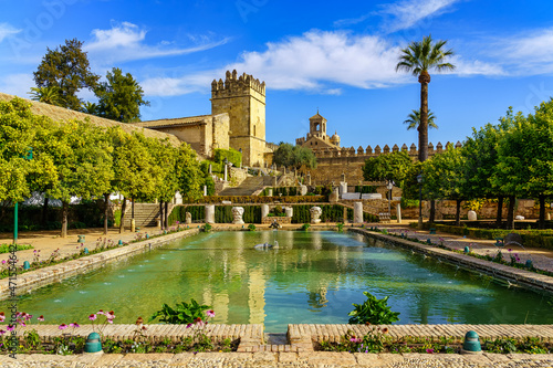 Panoramic view of the impressive Alcazar de Cordoba and its royal gardens in Andalusia, Spain.