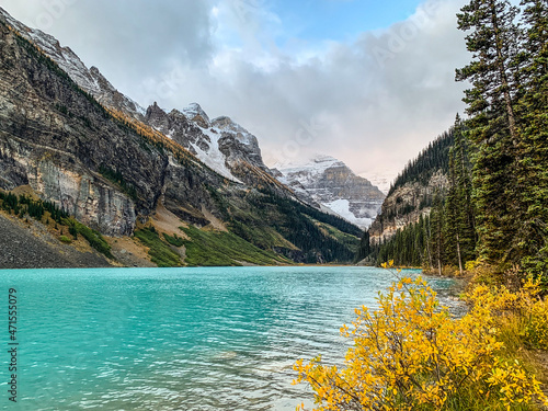 Snow capped moutains and glacier at Lake Louise in Banff National Park, Alberta