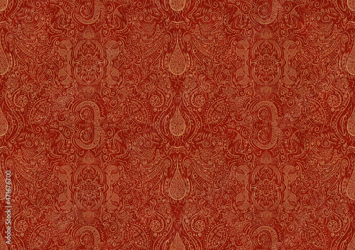 Hand-drawn unique abstract symmetrical seamless gold ornament on a bright red background. Paper texture. Digital artwork, A4. (pattern: p01b)