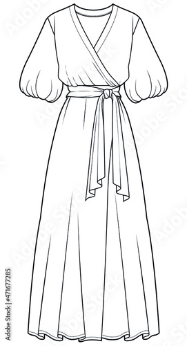women v neck belted waist puff sleeve long maxi wrap dress vector illustration isolated on white background. CAD mockup