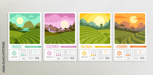 Coffee Star brand identity set of logo and sticker or label design with plantations and fields landscapes - vector template. Coffee or tea rainforest and mountain valley with sunrise
